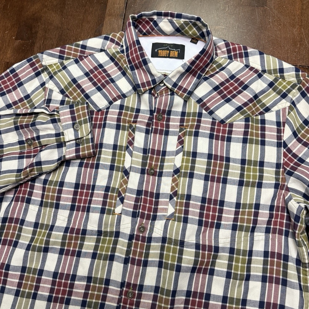 Orvis Flannel Shirt Mens Medium Trout Bum Plaid Fishing Hiking Vented Casual